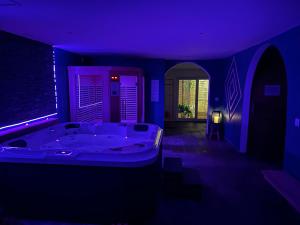 a large bathroom with a tub in a purple room at Evad&vous in Recquignies