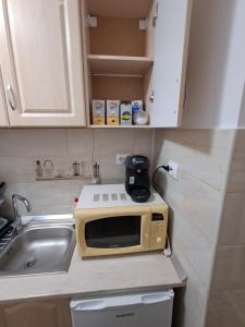 a small kitchen with a microwave and a sink at "NIB's apartment" in Caransebeş +7 photos