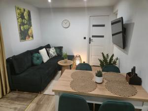 a living room with a black couch and a table at Hortensjowe Zacisze in Wolibórz