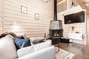 a living room with a couch and a fireplace at Villa Bear Den in Kittilä