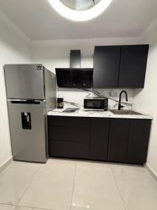 a kitchen with a stainless steel refrigerator and a sink at Brand New Luxe Apartment 1 in Carolina