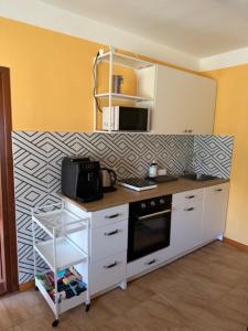 a kitchen with a counter with a stove and a microwave at Siedlisko Opoka okolice Sandomierza i Kazimierza Dolnego in Opoka Duża +12 photos