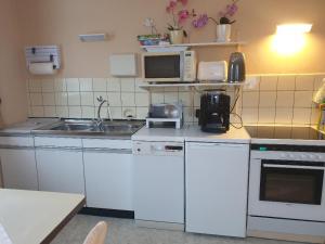 a kitchen with a sink and a microwave at Lottes FeWo in Hasselroth
