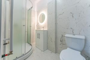 a white bathroom with a shower and a toilet at Forever young Bran in Sohodol +57 photos