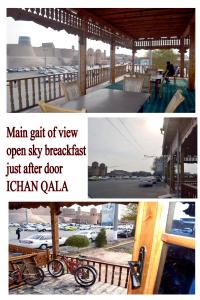 eine Collage mit Fotos mit einem Haupttor mit Blick auf das offene Frühstück in der Unterkunft Khiva Alibek B&B & Travel in Xiva