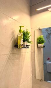 a bathroom with two potted plants on a wall at Luxe Label Studio by Sam in Zirakpur