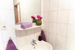 a bathroom with a sink and a mirror and purple towels at Landhotel Marienthaler Hof in Marienthal