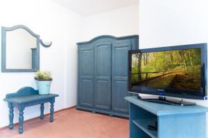 a television on a blue dresser in a room at Landhotel Marienthaler Hof in Marienthal