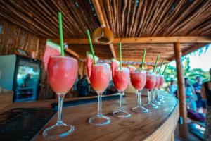 a row of wine glasses with green straws on a bar at Hostel 197 in Nungwi