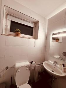 a bathroom with a toilet and a sink and a window at Bad Rothenfelde Residence in Bad Rothenfelde