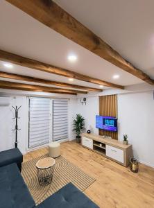 a living room with a blue couch and a tv at Apartman Martinović in Županja