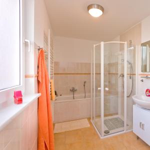 a bathroom with a shower and a sink at Ferienhaus Herbert in Groß Kordshagen +19 photos
