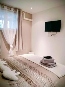 a bedroom with a bed with a tv on the wall at Appartement cosy et confortable Chez Lyne in Laragne
