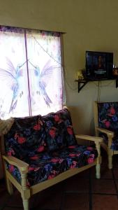 a couch in front of a window with two birds at Casa Los colibrí in Frente Mar