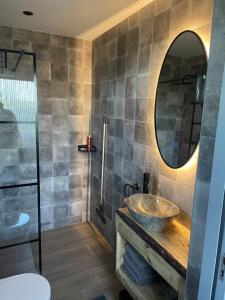 a bathroom with a stone sink and a mirror at Appartement in Meliskerke