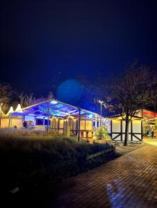 a building lit up with blue lights at night at StrandSUITE Scharbeutz Meerblick in Scharbeutz
