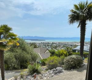 a view of the ocean from a house with palm trees at Citrus Grove in Nelson