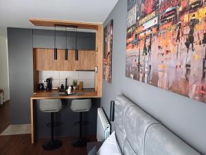 a kitchen with a bar in a living room at The Little Haven in Kragujevac +4 photos