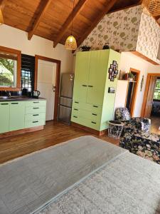 a large kitchen with green cabinets in a room at The Blackhouse Cottage in Hokitika