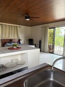 a kitchen with a sink and a ceiling fan at Cabin Casove in El Castillo de La Fortuna