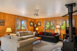 a living room with two couches and a stove at Bear Paw Cabin in Leavenworth