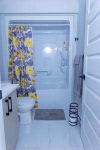 a bathroom with a toilet and a shower curtain at Honeycomb Suite in Riverview