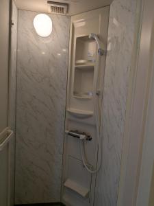 a shower in a bathroom with a refrigerator at Kagetsuen in Hakone