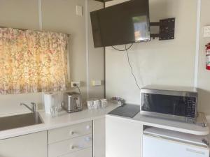 a small kitchen with a microwave and a sink at Pine Lake View Lodge in Kaiapoi