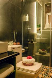a bathroom with a toilet and a shower at Casa Superfly 2BHK with Rooftop Jacuzzi & Terrace Deck Excellent Location Boilermaker Thalassa in Oxel +31 photos