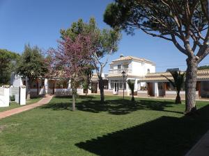 a large white house with trees in the yard at Hostal Las Acacias in Los Caños de Meca