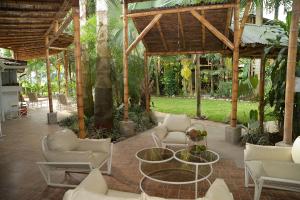 een patio met witte stoelen, een tafel en bomen bij Alojamiento rural el Refugio en santagueda in Santagueda