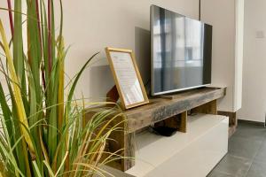 a flat screen tv sitting on top of a tv stand at Villa Marie 2 Appartement tout confort climatisé 1 chambre proche plage in Le Grau-du-Roi
