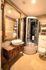 a bathroom with a sink and a mirror and a toilet at Castel Transilvania in Baia Mare