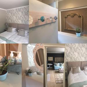 un collage de photos d'une chambre avec un lit et un miroir dans l'établissement Alibama House, à Nelspruit