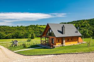 a small wooden house with a gambrel roof on a field at Domki u Niedźwiadka in Wola Sękowa