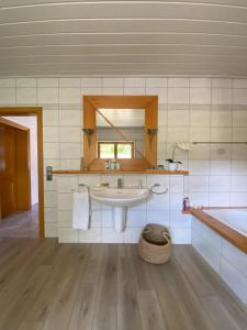a bathroom with a sink and a mirror and a tub at Auszeit Ferienhaus Nr 2 und 2a in Sierscheid