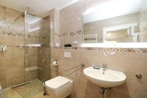 a bathroom with a sink and a toilet and a shower at Koserow Hotel Wald und Meer in Koserow