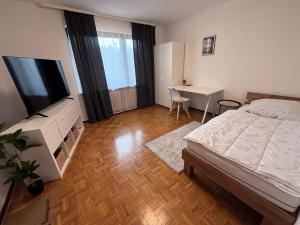 a bedroom with a bed and a flat screen tv at Landhaus zur Sonne in Bad Camberg