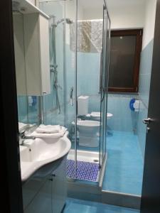 uma casa de banho com 2 WC e uma cabina de duche em vidro. em Anthea Dell' Etna em Santa Venerina