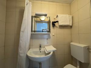 a small bathroom with a sink and a toilet at Gästehaus Jedinger - Easy Lake Access by Tram in Sankt Georgen im Attergau +39 photos