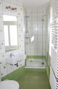 a bathroom with a toilet and a sink and a shower at Pension Luft in Dresden