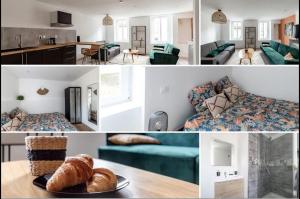a collage of photos of a living room and a bedroom at l'escale in Bourg-en-Bresse