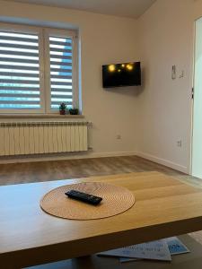 a remote control sitting on a table in a room at Borówkowy domek in Janik