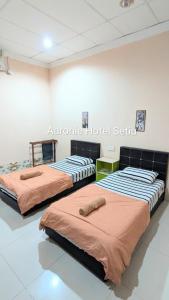 three beds are lined up in a room at Aaronie Hotel Setiu in Kampong Burok