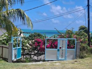 a door with flowers and the ocean in the background at Belle terre sur mer in La Ferme