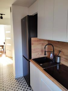 a kitchen with a sink and a black refrigerator at Apartament Prudniczanka in Prudnik