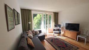 a living room with a couch and a television at Nanus Sommerfrische in Hardegg