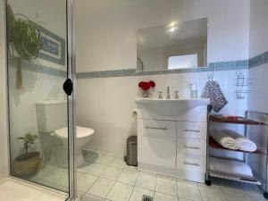 a bathroom with a sink and a toilet and a mirror at Elsmere Heritage Gardens & Accom in Launceston +17 photos