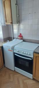 eine Küche mit Herd und Arbeitsplatte in der Unterkunft Flat 2 rooms in Panevėžys