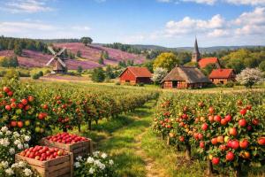 a farm with apples in baskets in a field at Quendel & Äpfel Ferienhaus in Neu Wulmstorf